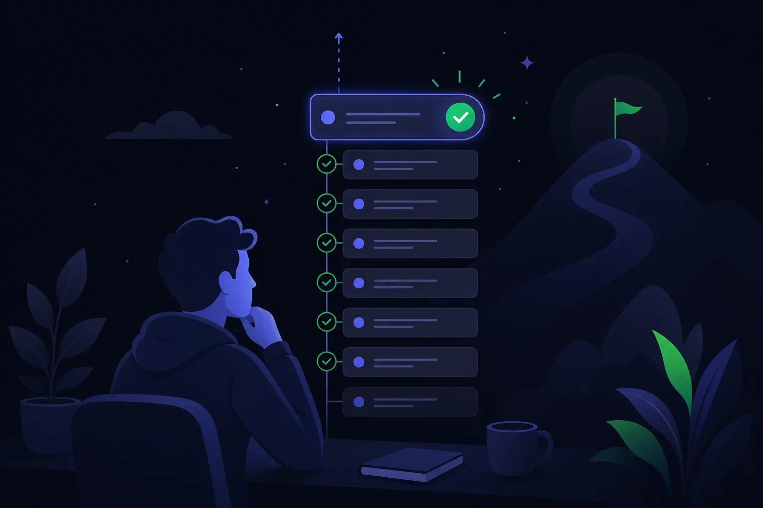 Daily logs illustration — consistent one-line entries building a streak over consecutive days
