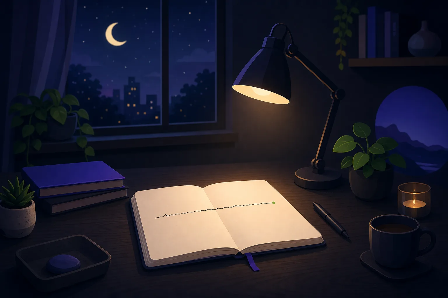 One-line journaling illustration — a single evening sentence in a minimal journal by lamplight