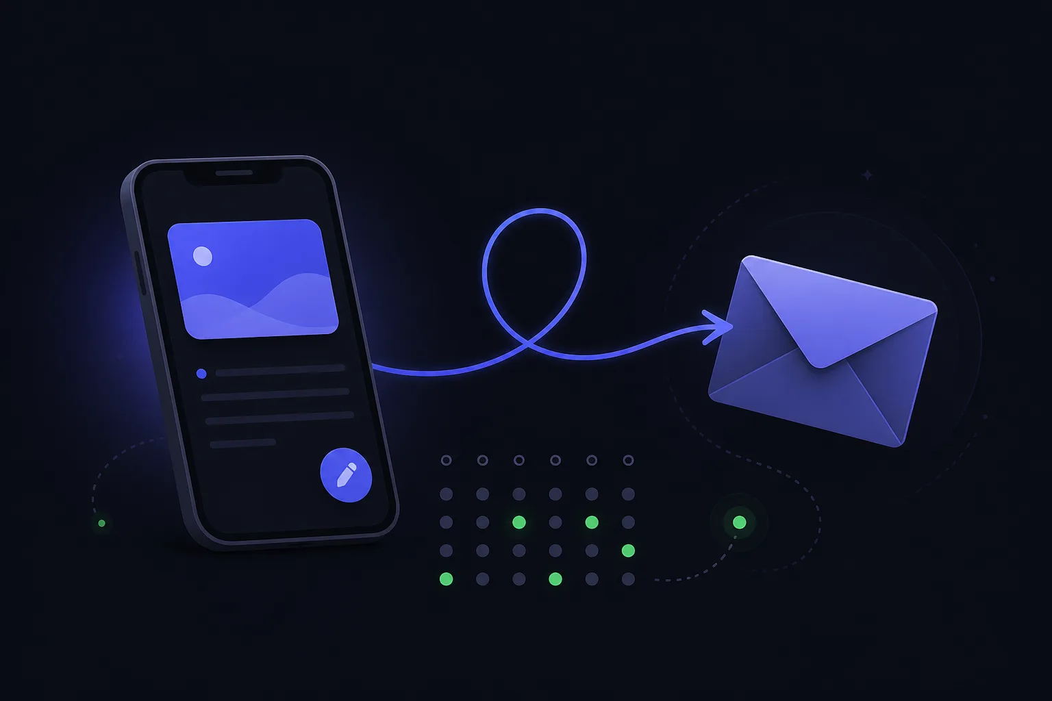 One Line Loop app illustration — email evening prompt flowing into a simple encrypted journaling streak